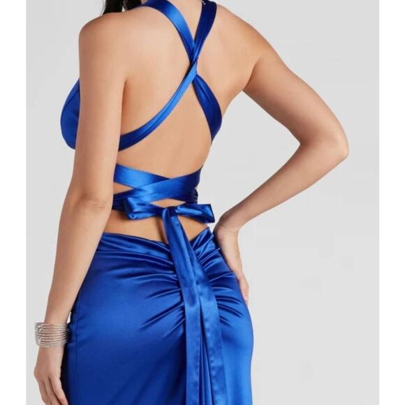 B Darlin Open Back Satin Royal Blue Size 5 Side Slit Maxi Dress NEW - Picture 9 of 9